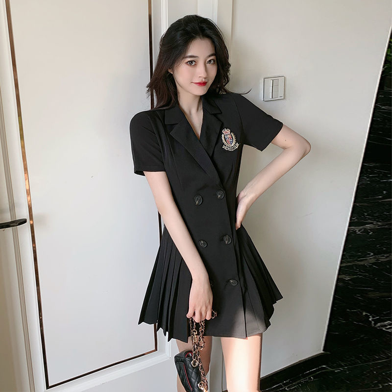 美动态大码女装夏季法式小众百褶西装裙胖mm藏肉显瘦显瘦连衣裙