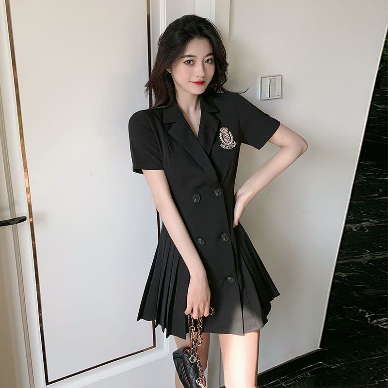 美动态大码女装夏季法式小众百褶西装裙胖mm藏肉显瘦显瘦连衣裙图片