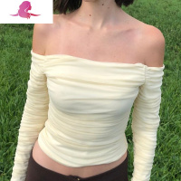 艳如飞法式一字露肩双层褶皱网纱长袖T恤女春Chic仙女气质短款修身上衣T恤