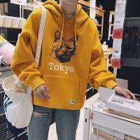 原宿风套头卫衣男连帽宽松情侣装韩版上衣学生潮流青年外套_6 XL（建议120-130斤） 猫头卫衣（黄）
