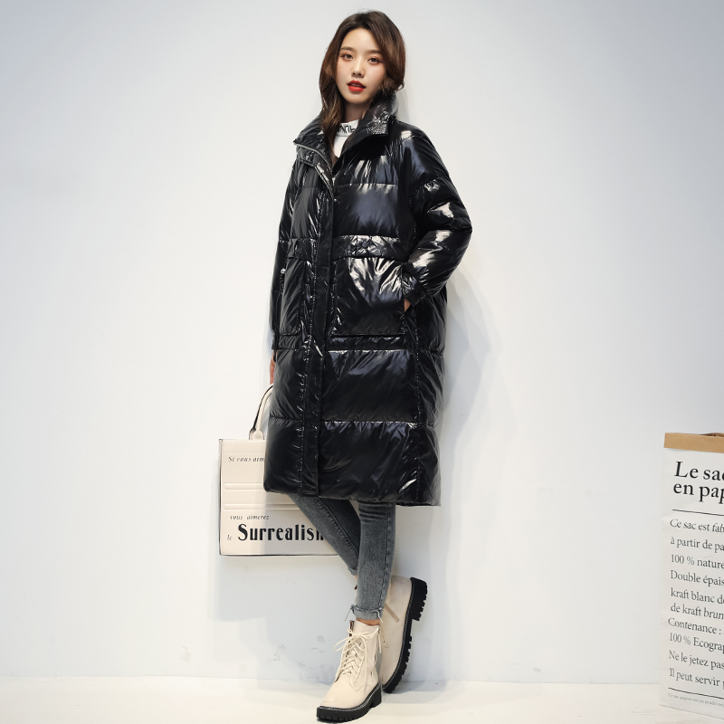 雅鹿羽绒服2020新款冬季韩版亮面翻领中长款过膝修身防寒厚外套DS