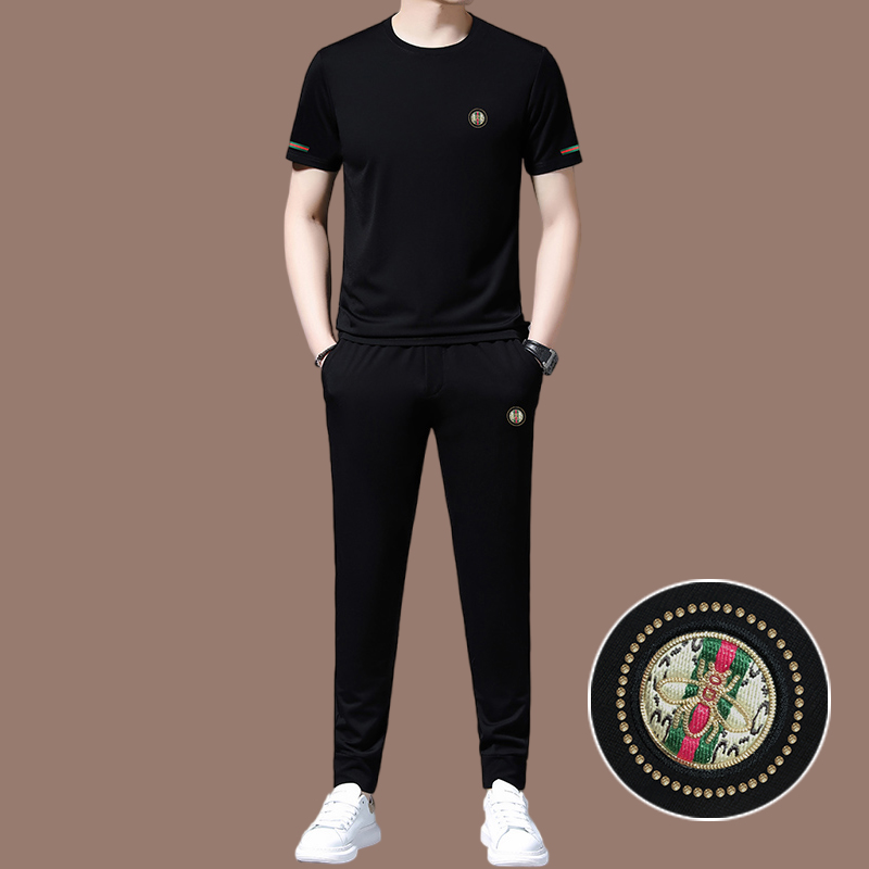 恒源祥桑蚕丝男士休闲运动套装男夏季潮流帅气冰丝短袖男装两件套 黑色580款 170/L适合体重120-135斤