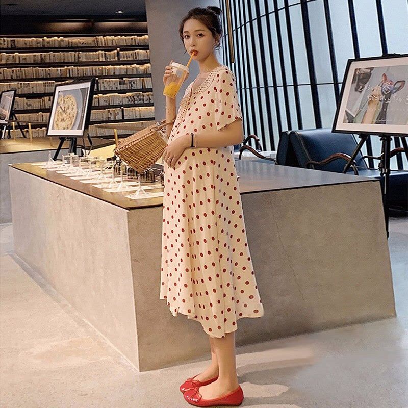 迪鲁奥(DILUAO)孕妇装夏装外出2021新款波点雪纺孕妇连衣裙中长款时尚潮妈孕妇裙子夏季宽松透气 杏粉色图片