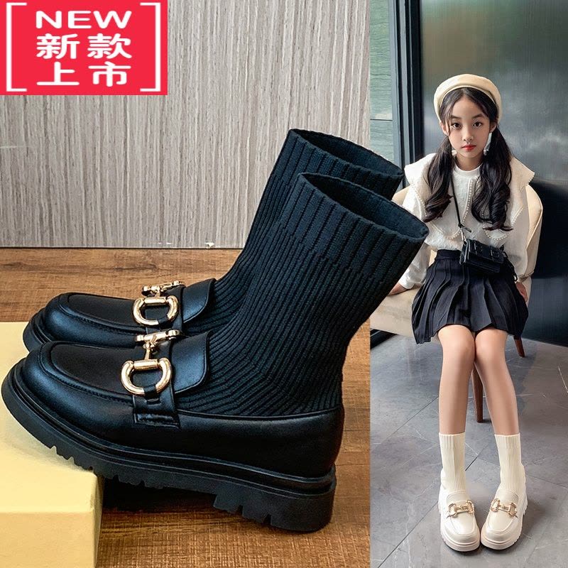 可莉允女童靴子小女孩公主鞋春秋儿童马丁靴厚底袜子鞋黑色短靴大童单靴图片