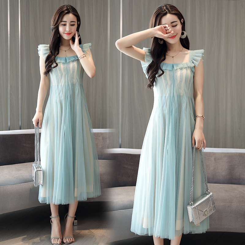 夏装女士新品女韩版网纱连衣裙夏款性感气质仙女修身中长款无袖裙