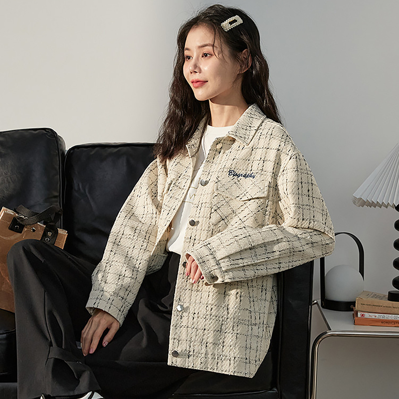唐狮秋冬季新款外套女韩版宽松格子小香风衬衫开衫设计感上衣