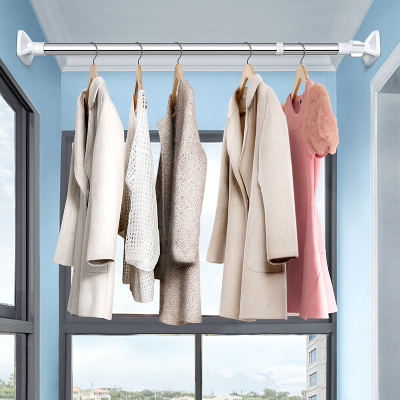 手逗免打孔伸缩杆晾衣杆卧室窗帘杆卫生间浴帘杆晾衣架升缩衣柜撑杆子