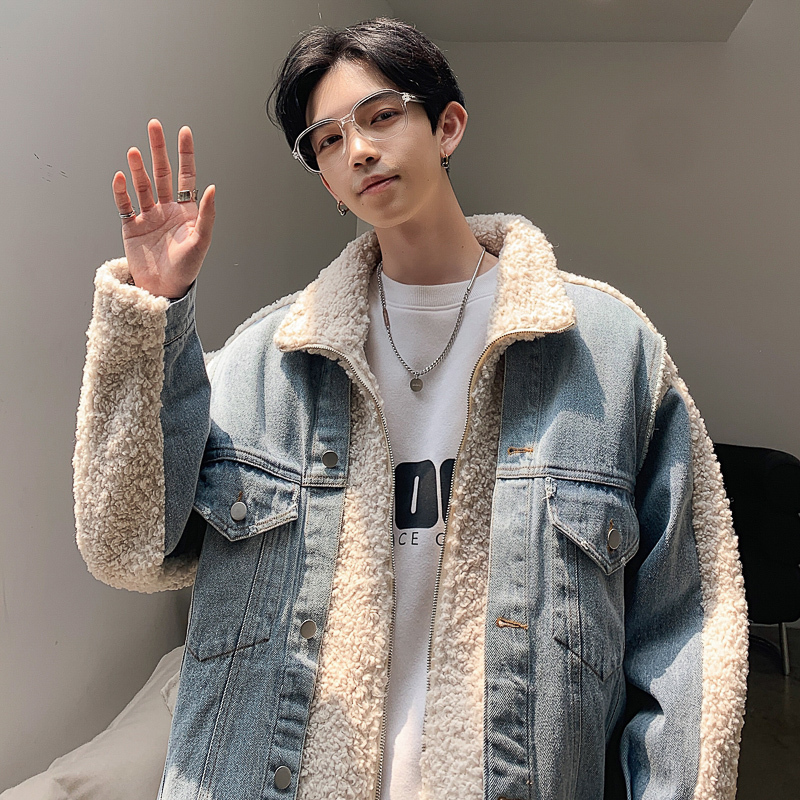 yuansu港风棉衣男冬季加厚韩版潮流百搭羊羔毛牛仔拼接假两件棉服男