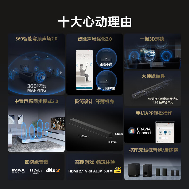 索尼(SONY)HT-A9000 索尼回音壁 支持360智能穹顶声场2.0 全景声 4K/120Hz VRR 家庭影院高清大图