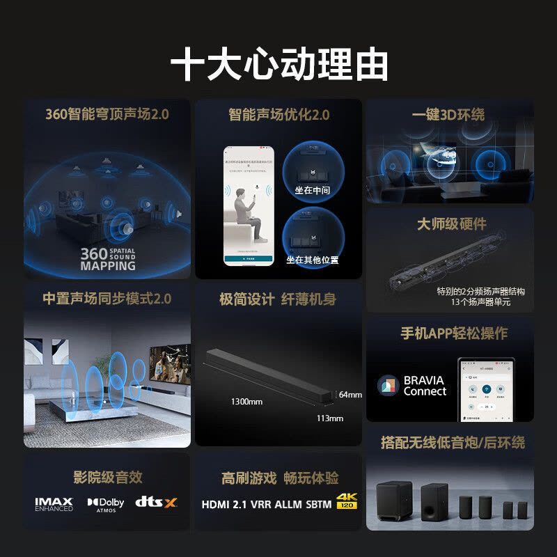 索尼(SONY)HT-A9000 索尼回音壁 支持360智能穹顶声场2.0 全景声 4K/120Hz VRR 家庭影院图片