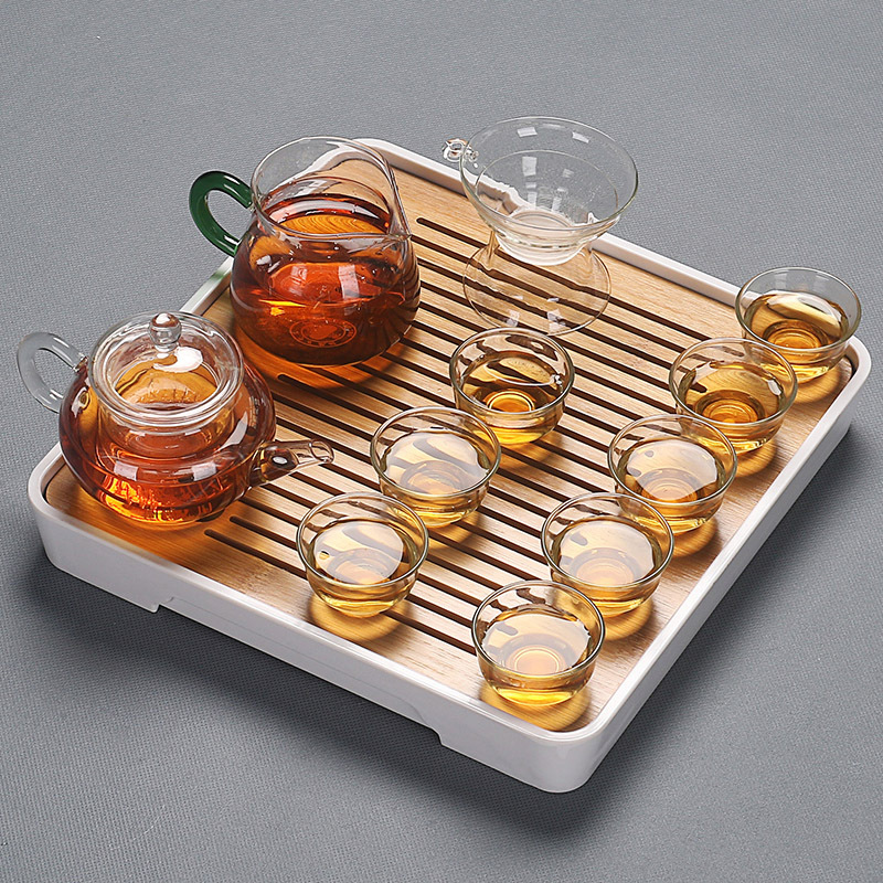 会客小茶具套装家用简约客厅功夫日式配件整套泡茶台套功夫茶茶盘|金线盖碗四方竹黑盘套装