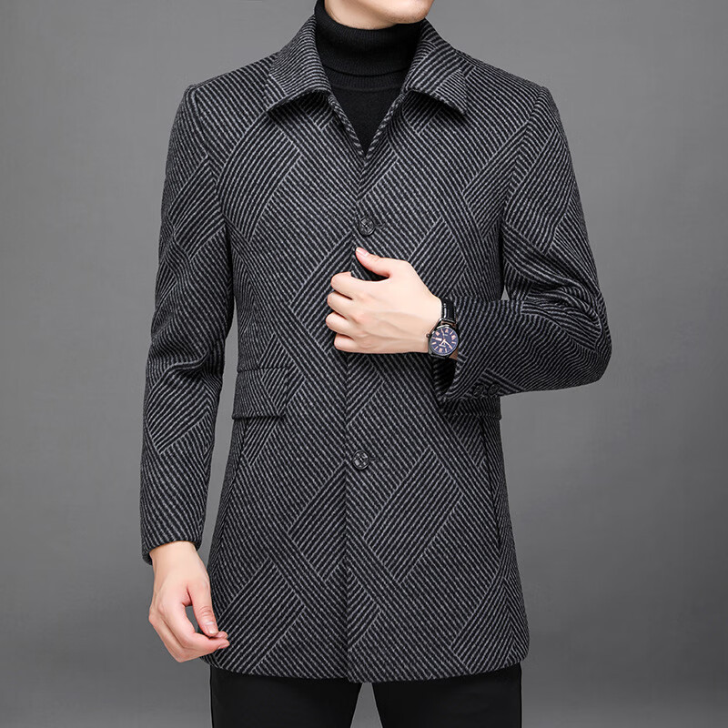 默尼密思品牌冬季羊毛大衣中老年男装翻领可脱卸羽绒内胆中长款毛呢子