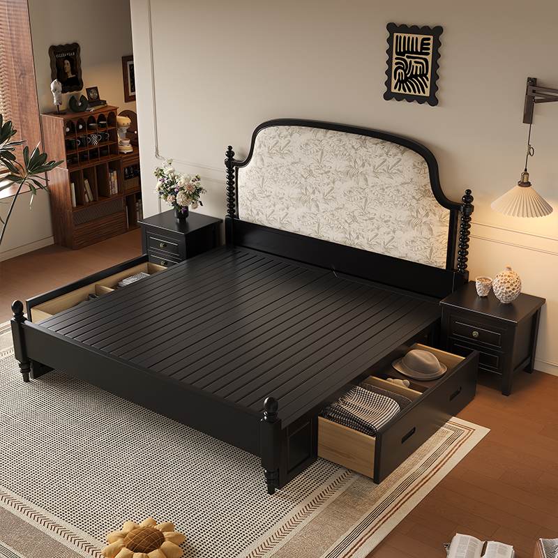 欧梵森(OUFANSEN) 法式复古实木床1.8米主卧双人床美式软包床黑色中古风画屏床婚床高清大图