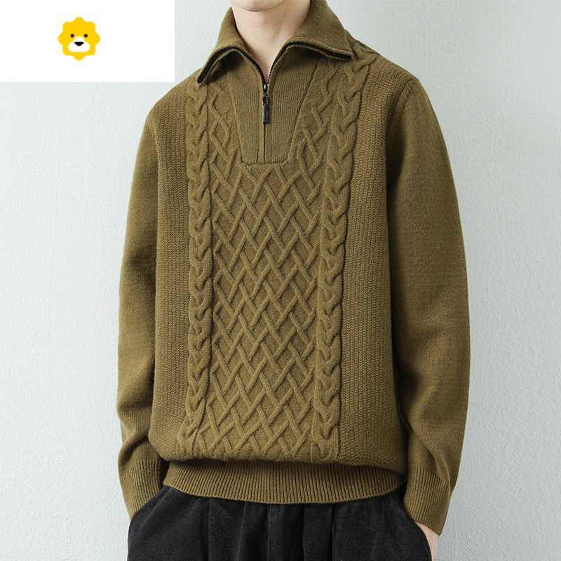 fishbasket半拉链毛衣男士款复古翻领针织打底衫外套男装潮加厚提花线