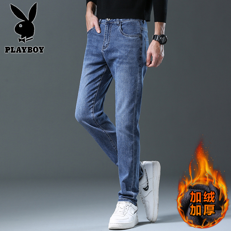 花花公子新款高品质2025秋冬新款牛仔裤男刺绣高端修身弹力潮牌男士长裤子加绒高清大图