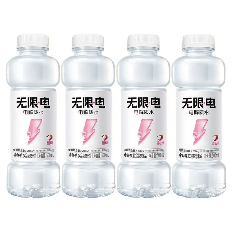 康师傅无限电 电解质水 荔枝味500ml*4瓶装 夏日补水小瓶风味饮料