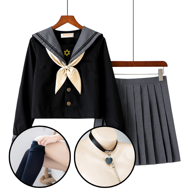 吉祥小炮sm用品吉祥小炮情趣内衣sm调教jk制服超学生服诱惑性感水手服套装清纯小胸长袖短裙领结 黑袜 黑桃心项圈链条