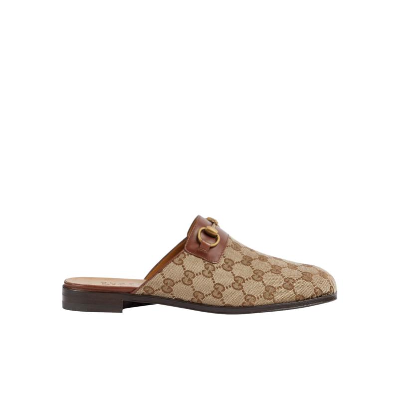古驰(GUCCI)米色乌木色OriginalGG帆布金色硬件棕皮饰边马衔扣男
