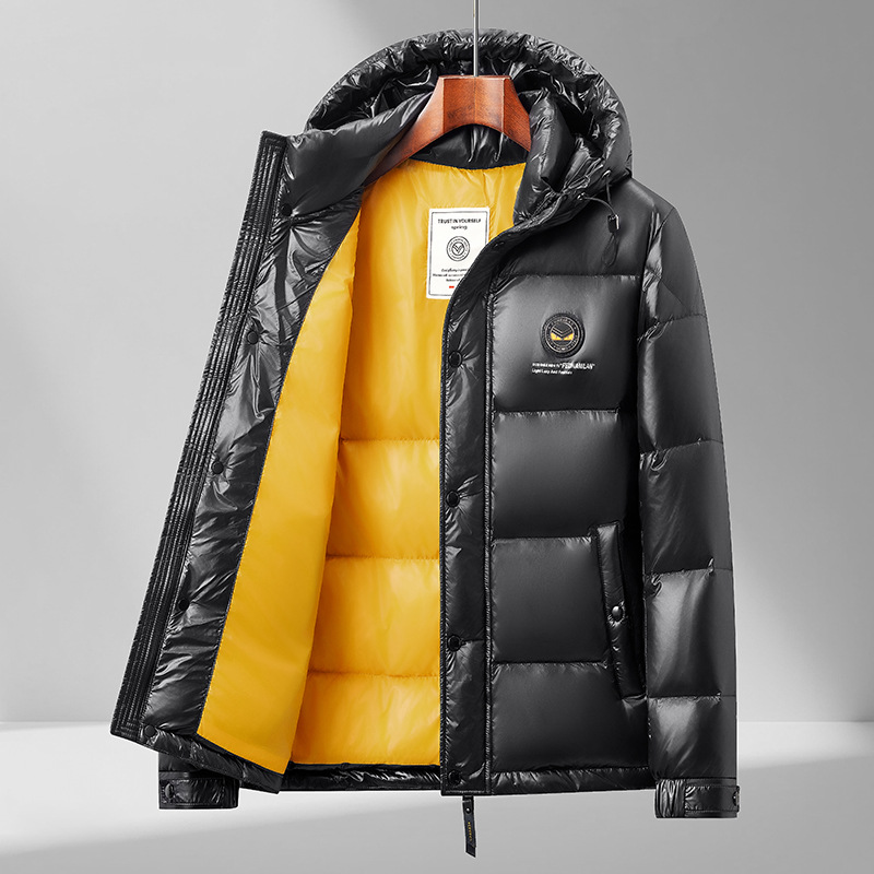 加厚连帽亮面羽绒服男式冬季新款短款新国标90白鸭绒羽绒外套