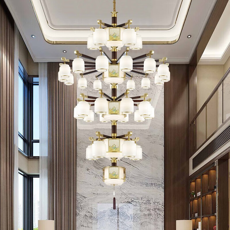澳松别墅客厅复式楼大吊灯中空楼梯新中式红木全铜酒店餐厅灯罩朝下灯