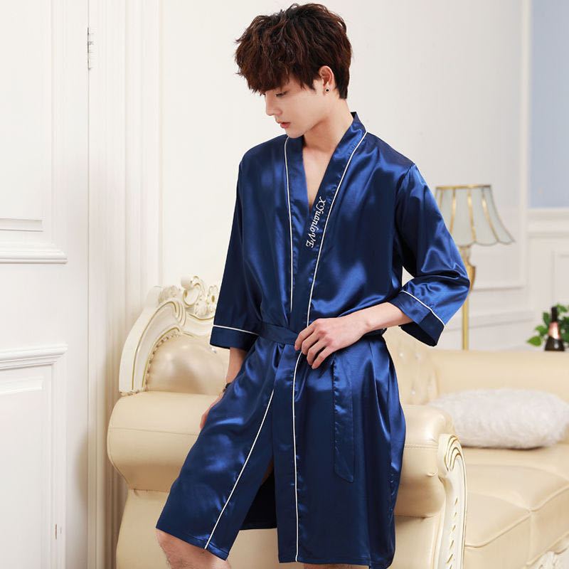 睡衣男夏季睡袍丝绸宽松夏天男士薄款宽松大码家居服冰丝浴袍单袍