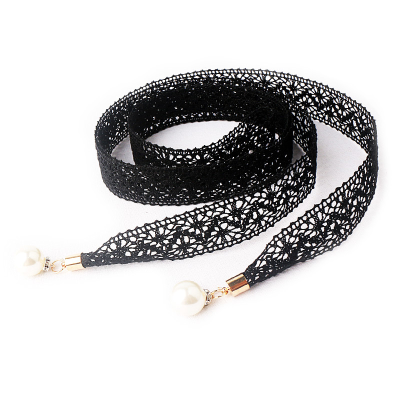 蕾丝腰带女韩版夏季收腰时尚百搭珍珠腰链大码装饰束腰绳连衣裙带黑色
