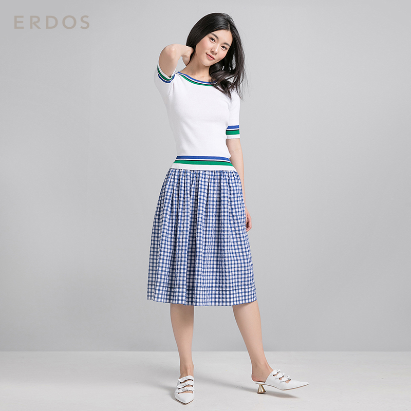 鄂尔多斯ERDOS 春夏女装撞色条纹圆领螺纹半袖纯棉针织衫女
