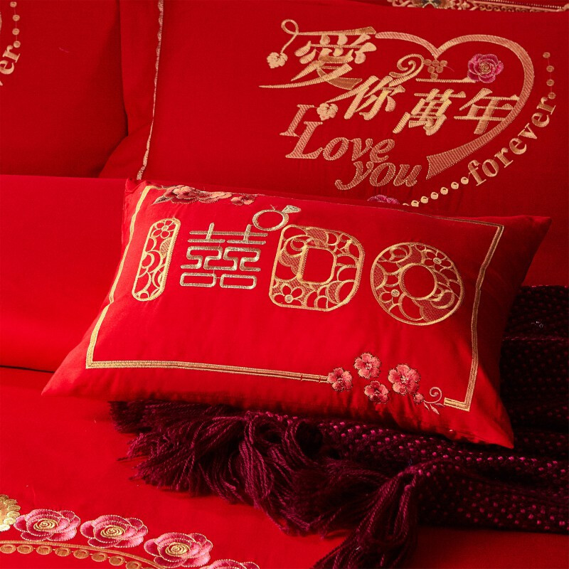 婚庆四件套全棉纯棉大红色新婚房结婚床上用品单被子套件喜被婚礼