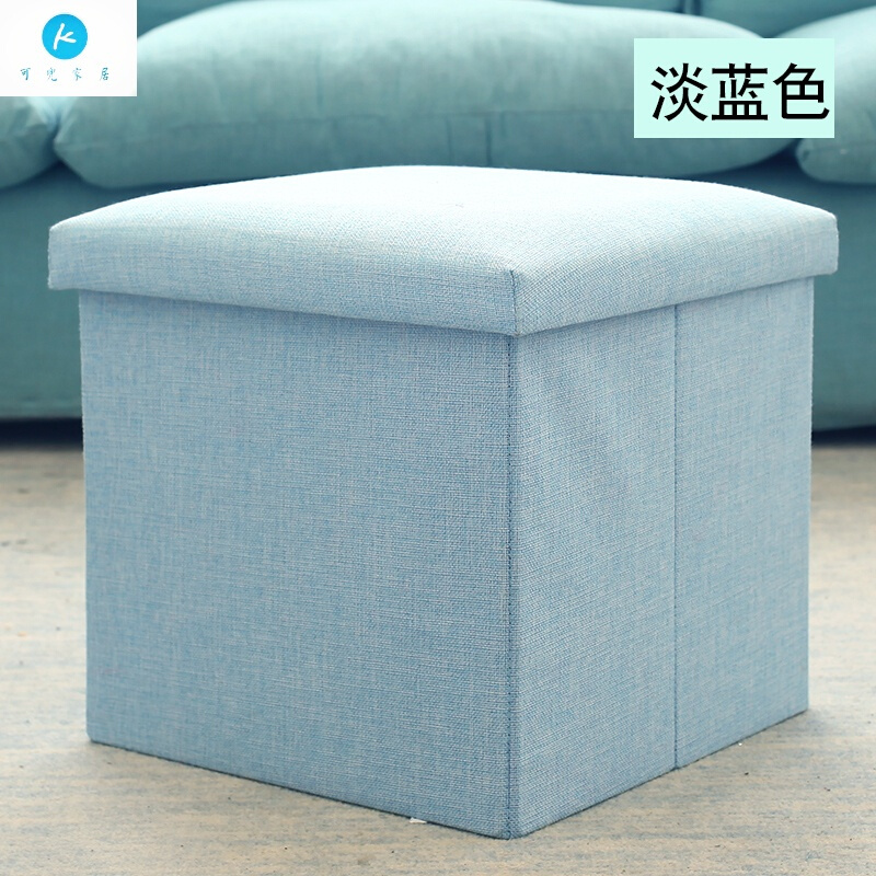 18新款收纳凳储物凳子可坐人沙折叠布艺玩具多功能储物换鞋凳田园风-淡蓝色正方形30*30*30CM