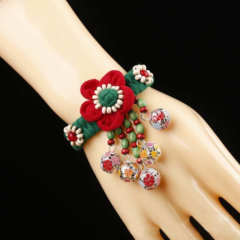远方情民族风布艺花朵铃铛手链女原创盘扣舞蹈表演手镯手饰品s79民族