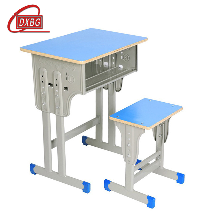 DXBG中小学生课桌椅学校培训班辅导班课桌升降儿童书桌学习课桌椅套装【工厂现做 7天内发货】 单人蓝底白边双柱桌配加固方凳款