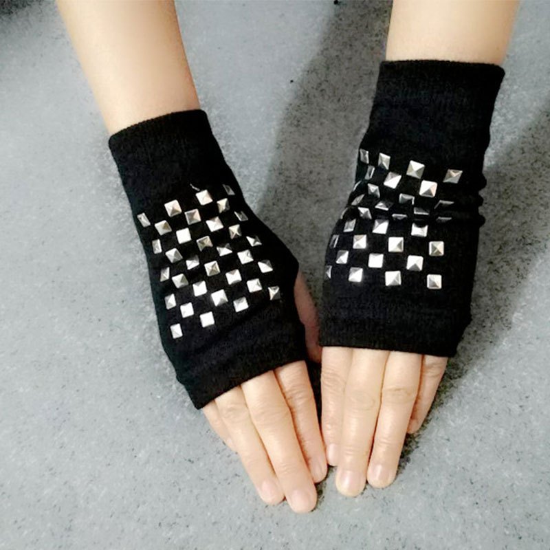 水兵舞铆钉手套露指手套毛线手套女黑色半指手套广场舞演出手套女光板