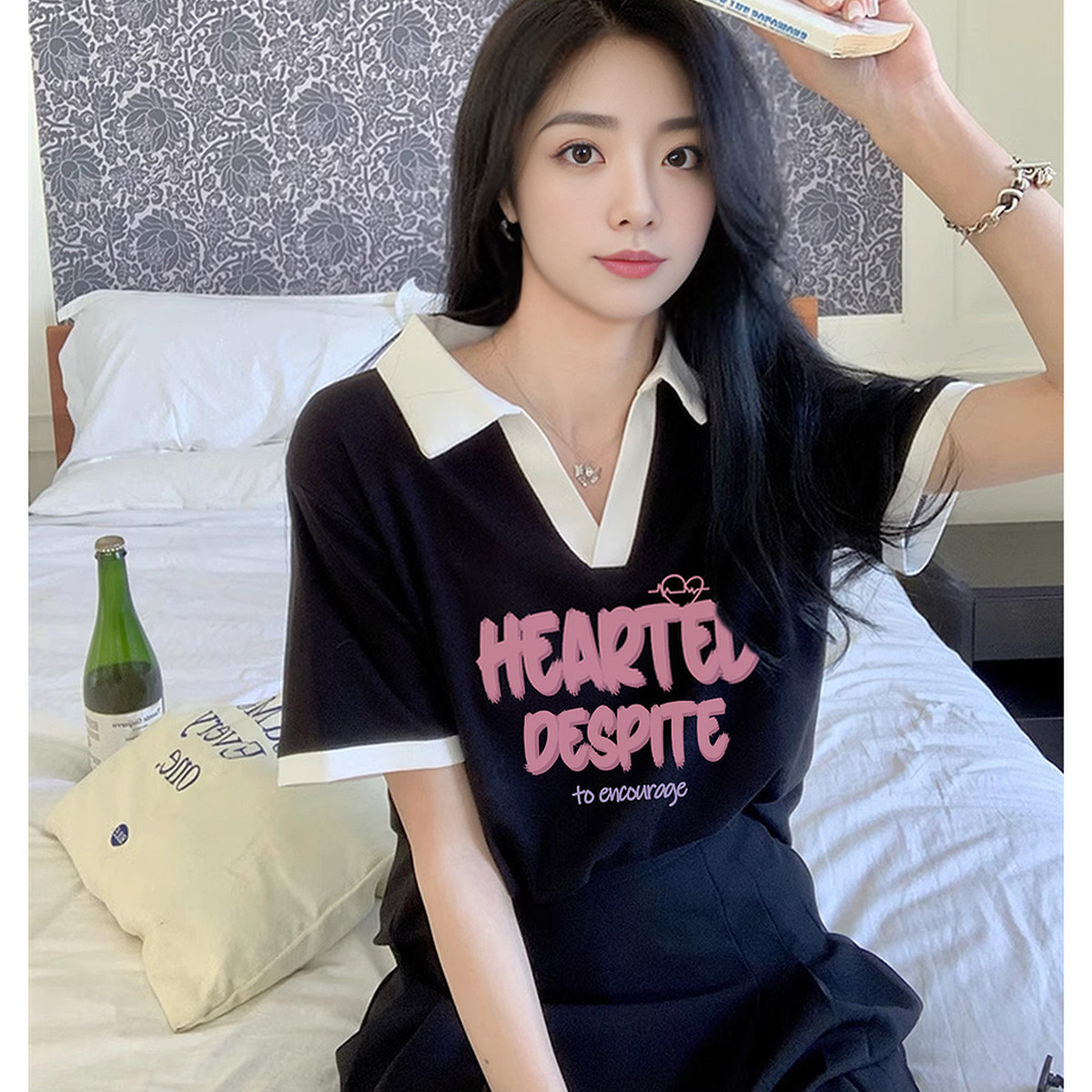 2024夏女polo领前胸字母翻领短袖T恤美式复古百搭潮流_63263 S 黑色