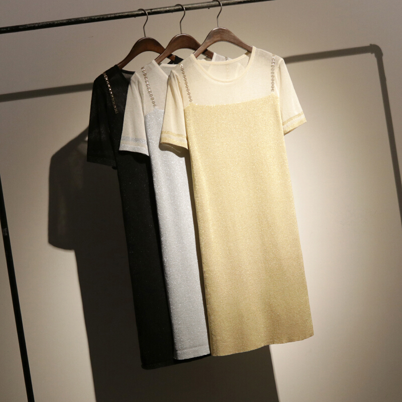 哦呀苏米链条带拼接假两件撞色t恤女中长款宽松短袖针织t恤裙白色均码