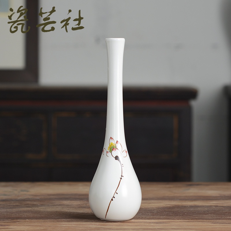 景德镇陶瓷花瓶小瓷瓶摆件创意饰品手绘荷花白瓷瓶观音玉净瓶简约 三维工匠 白荷花美人瓶 中等