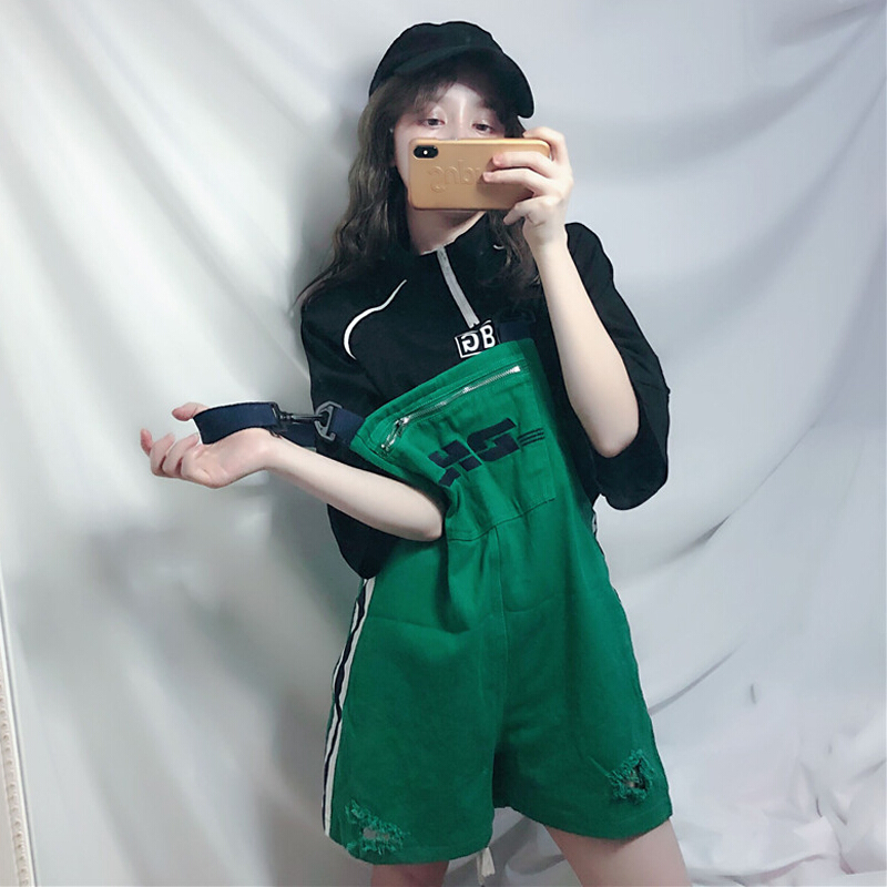 夏装女装韩版宽松显瘦字母背带裤牛仔裤阔腿裤休闲裤直筒裤短裤
