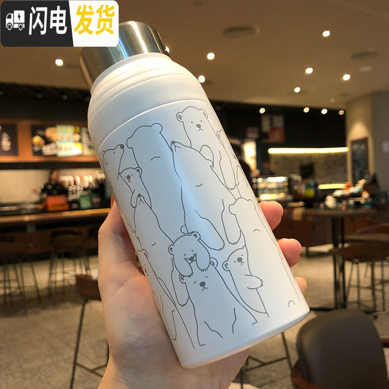 三维工匠韩版带吸管保温杯女ins原宿风简约文艺学生水杯子可爱超萌小仙女 咖啡色小猫咪350
