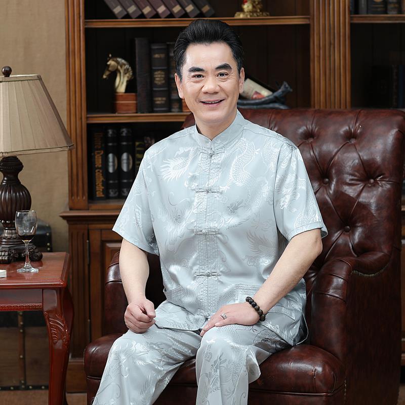 夏季中老年唐装短袖男士爸爸套装大码爷爷老人衣服60-70-80岁男装