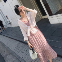嫣沫YanMo两件套加外搭吊带连衣裙超仙女三亚泰国巴厘岛海边度假沙滩裙显瘦GT260-3059 粉色套装 L