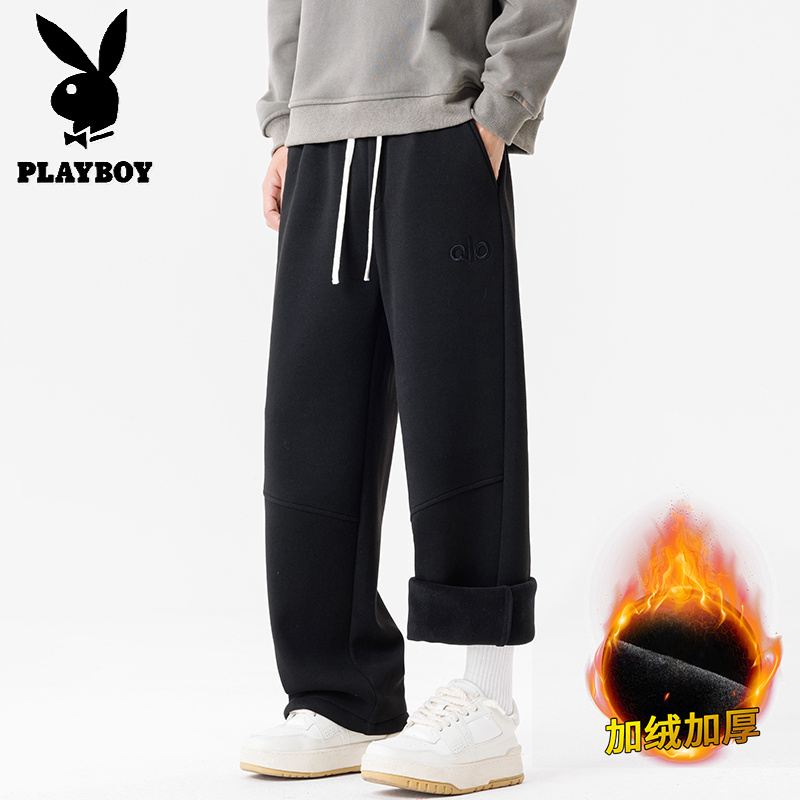 花花公子新款冬季加绒加厚奥粒绒休闲裤刺绣保暖德绒裤子-裤脚可调节高清大图