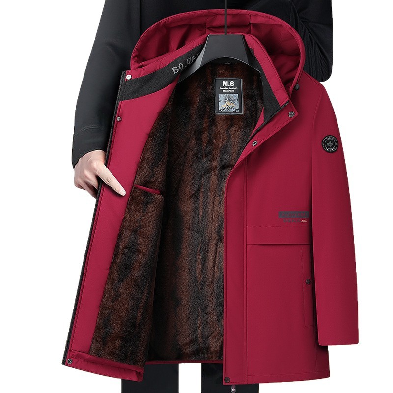 中老年男士加绒加棉棉服冬季加厚棉袄连帽爸爸本命年红色冬装棉衣高清大图