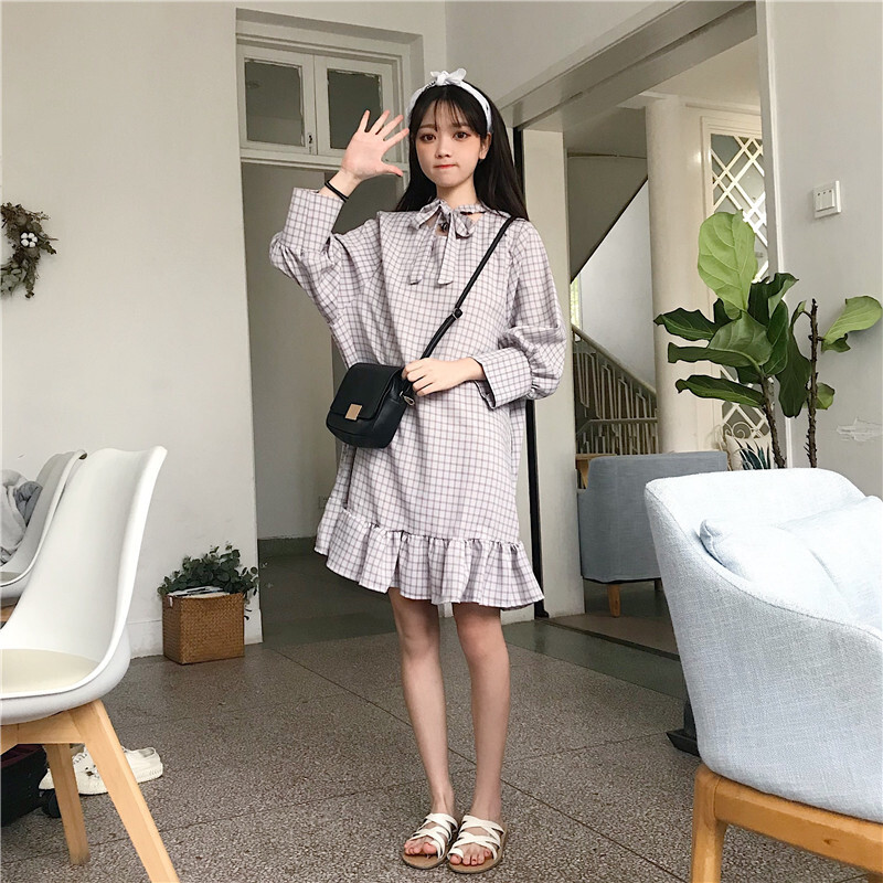 春秋女装韩版宽松显瘦格子绑带灯笼袖中长款长袖连衣裙打底裙长裙