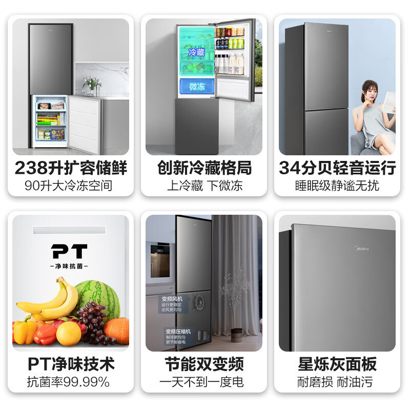 美的美的 (Midea) 238升两门双门门节能低音双变频风冷无霜超薄大容量小型家用电冰箱 MR-249WPE