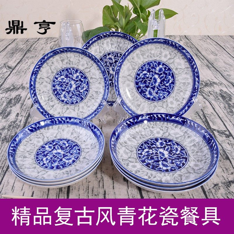 鼎亨景德镇青花瓷餐具盘子饭店家用中式陶瓷深菜盘8英寸10个碟子
