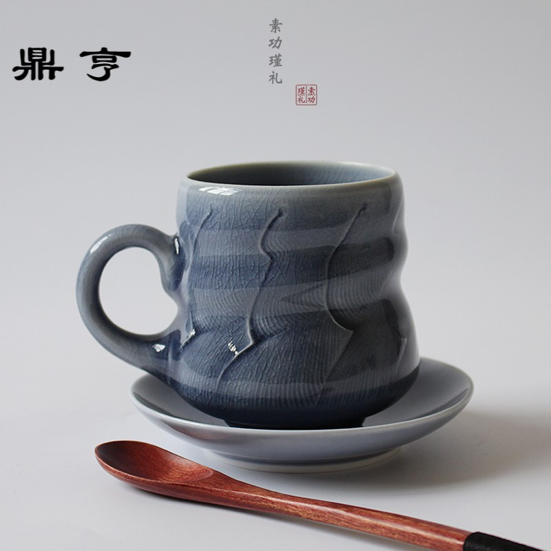 鼎亨手工手作陶瓷马克杯个性简约中式带碟勺咖啡杯创意定制陶瓷杯