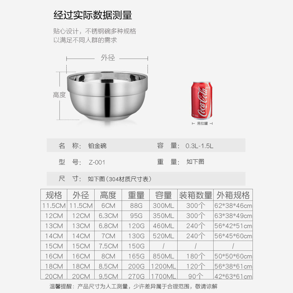 顺心优 304食品级双层不锈钢碗 12cm/个 12cm