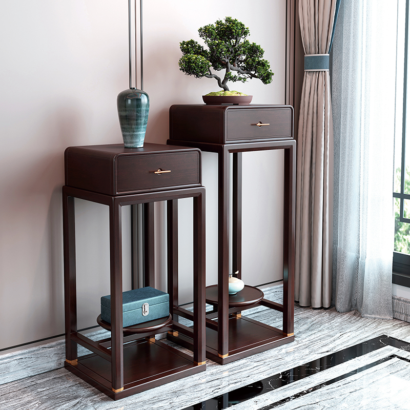 锐取花架 新中式实木花架客厅仿古大小带抽屉储物花架装饰架 落地花架