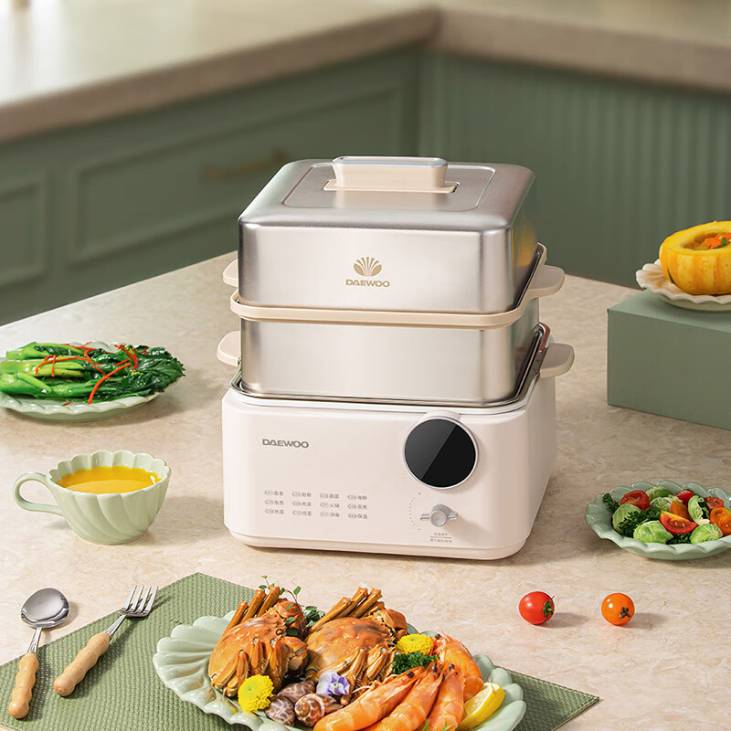 大宇(DAEWOO)家用多功能电蒸锅大容量双层不锈钢蒸炖可预约保温蒸锅电蒸锅DYZL-12L35 流苏白(彩邮)!