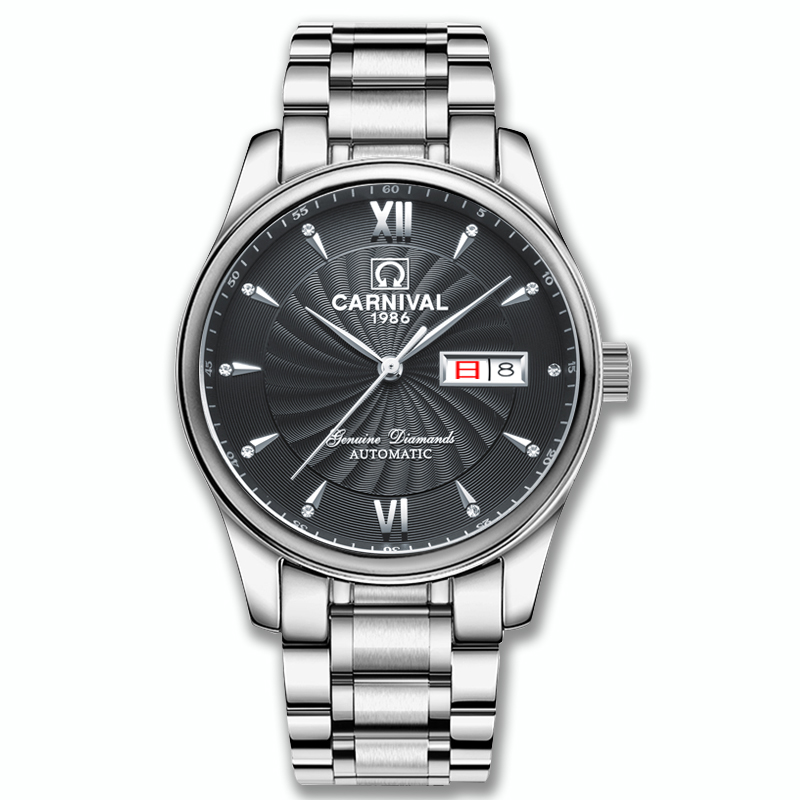 瑞士嘉年华Carnival手表男士全自动机械表 男双日历显示防水夜光男表金属精钢腕表休闲时尚大三针旋风系列8670G 精钢黑色条丁款无夜光