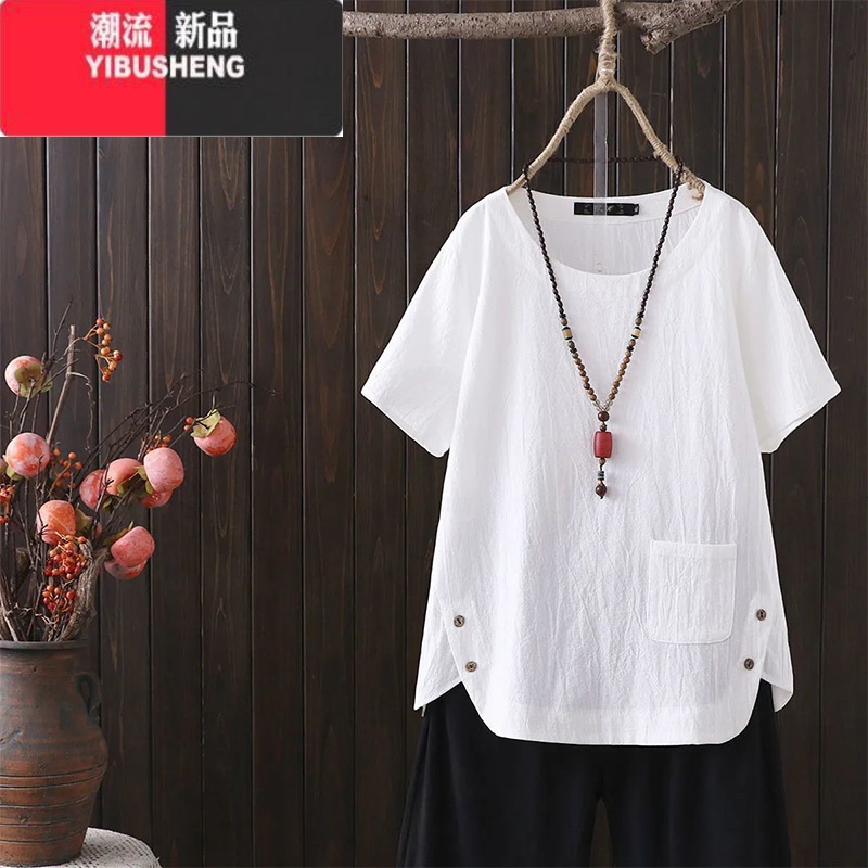 YIBUSHENG棉麻t恤女2024季新款大码洋气宽松复古纯色简约短袖上衣苎麻高清大图